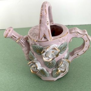 Vintage 1950's Japan  Pink Watering Can White rose green leaf and 14k Gold Trim